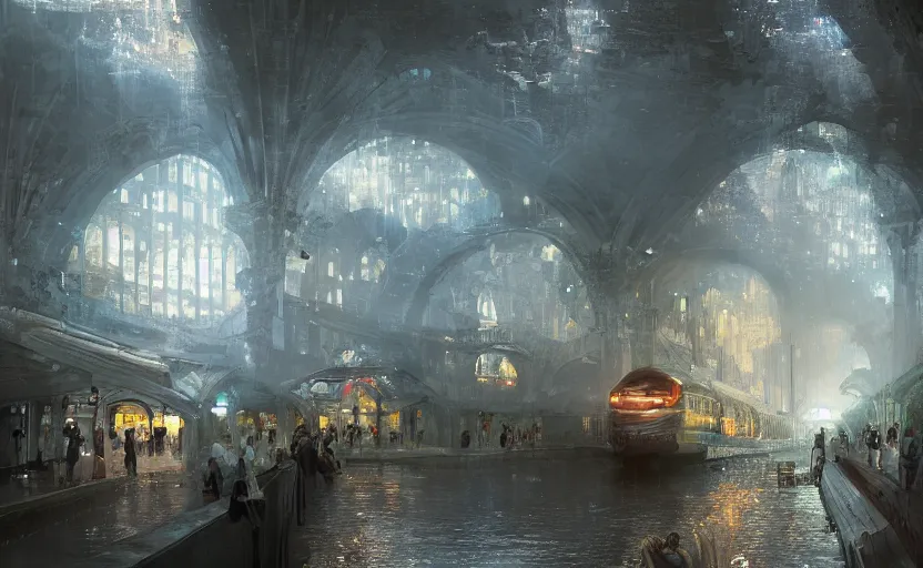 Prompt: An urban train rides inside of a waterway on a fantasy city, next to a fountain and a mystical palace, intricate, elegant, volumetric lighting, digital painting, highly detailed, artstation, sharp focus, illustration, concept art, ruan jia, steve mccurry