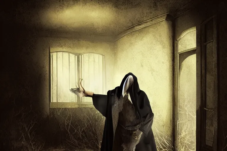 Image similar to the magician with a black robe inside a abandoned house, shadows, lurker, artstation