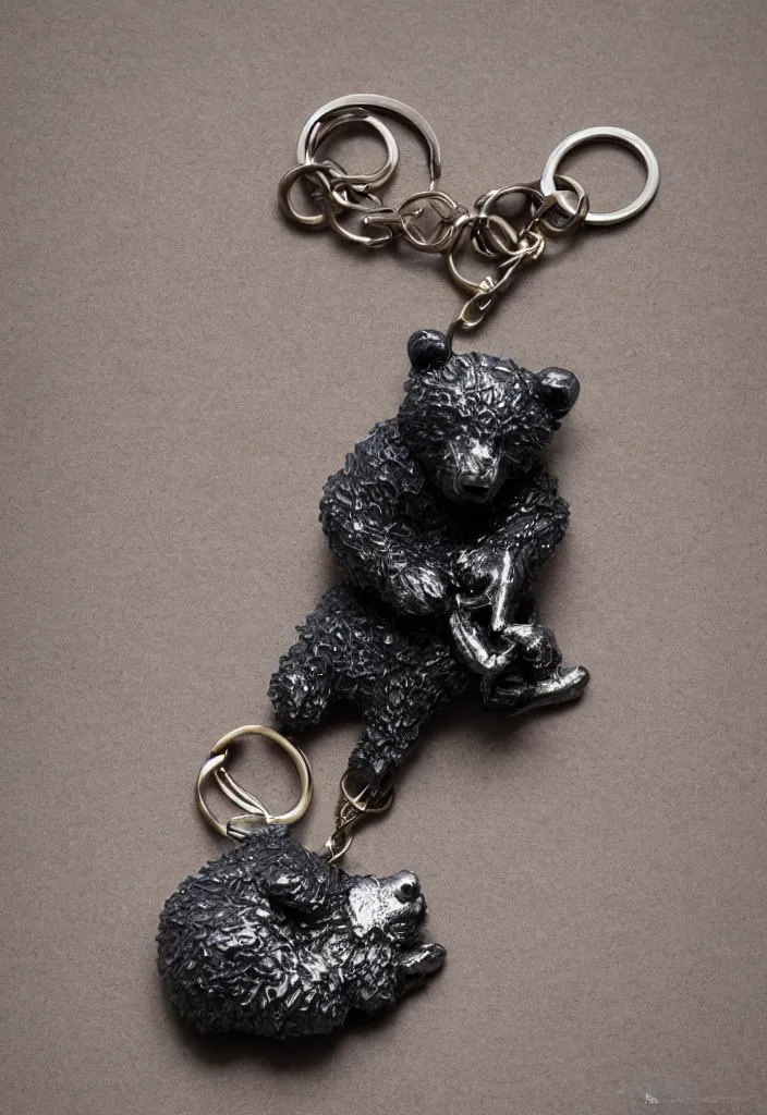 Image similar to a small crystalized bear keychain by greg rutkowski, sung choi, mitchell mohrhauser, maciej kuciara, johnson ting, maxim verehin, peter konig, 8 k photorealistic, cinematic lighting, hd, high details, dramatic, atmosphereric, trending on artstation