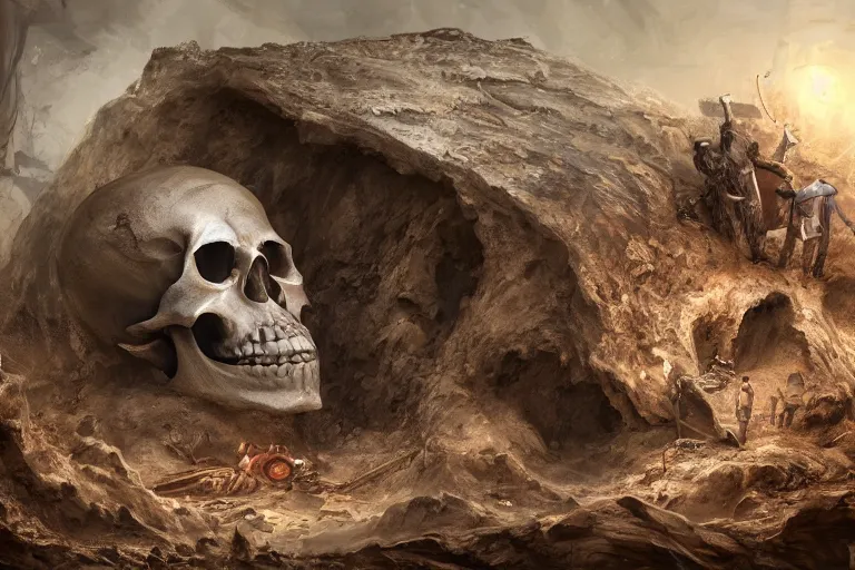 Image similar to a giant skull being unearthed in an excavation site, digital painting, mixed media, trending on artstation and deviantart, epic composition, magnum opus, highly detailed, 8 k