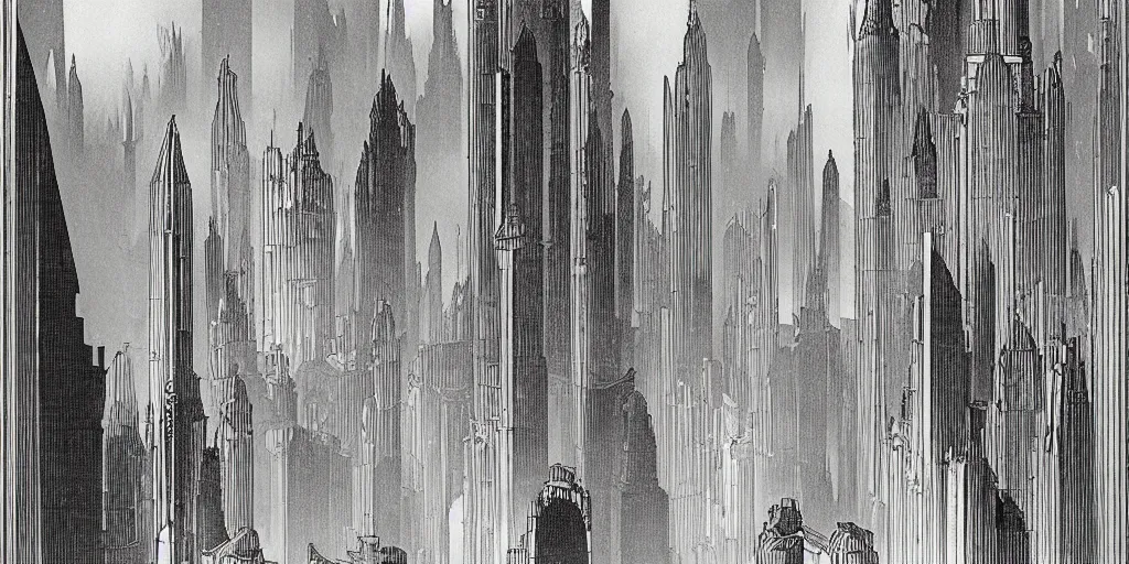 Prompt: gothic gold curve architecture by hugh ferriss