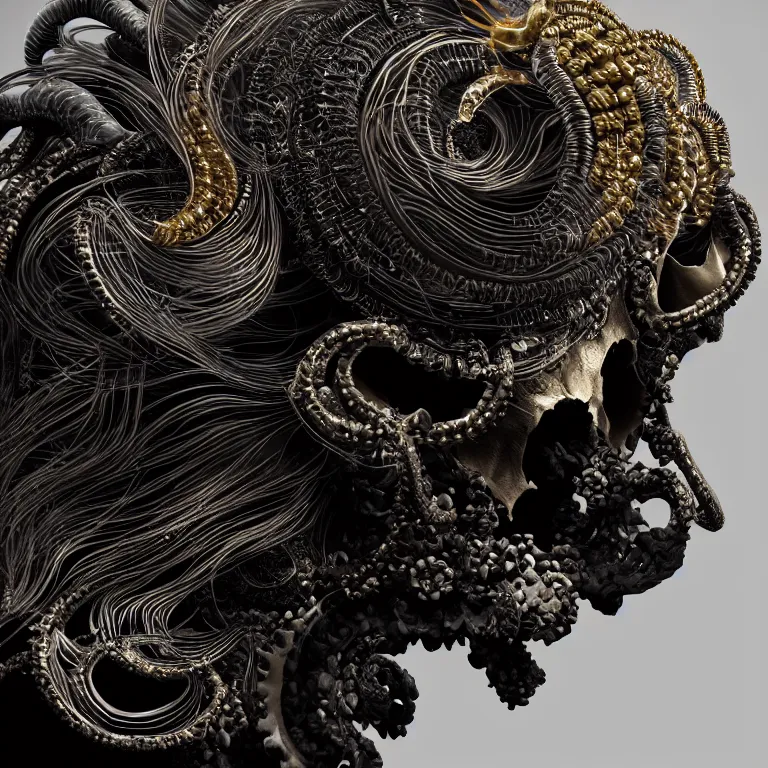 Image similar to black background. absolutely symmetrical sculpture. centered. goddess princess face close-up portrait ram skull. sculpture made of gold and black charcoal. jellyfish phoenix head, nautilus, orchid, skull, betta fish, bioluminiscent creatures, intricate artwork by Tooth Wu and wlop and beeple. octane render, trending on artstation, greg rutkowski very coherent symmetrical artwork. cinematic, hyper realism, high detail, octane render, 8k