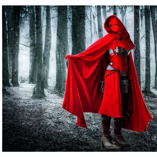 Prompt: full body photo red riding hood armoured warrior, highly detailed, 4k, HDR, award-winning photo