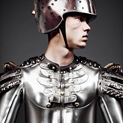 Prompt: a portrait of a beautiful young male wearing an alexander mcqueen armor made of latex , photographed by andrew thomas huang, artistic