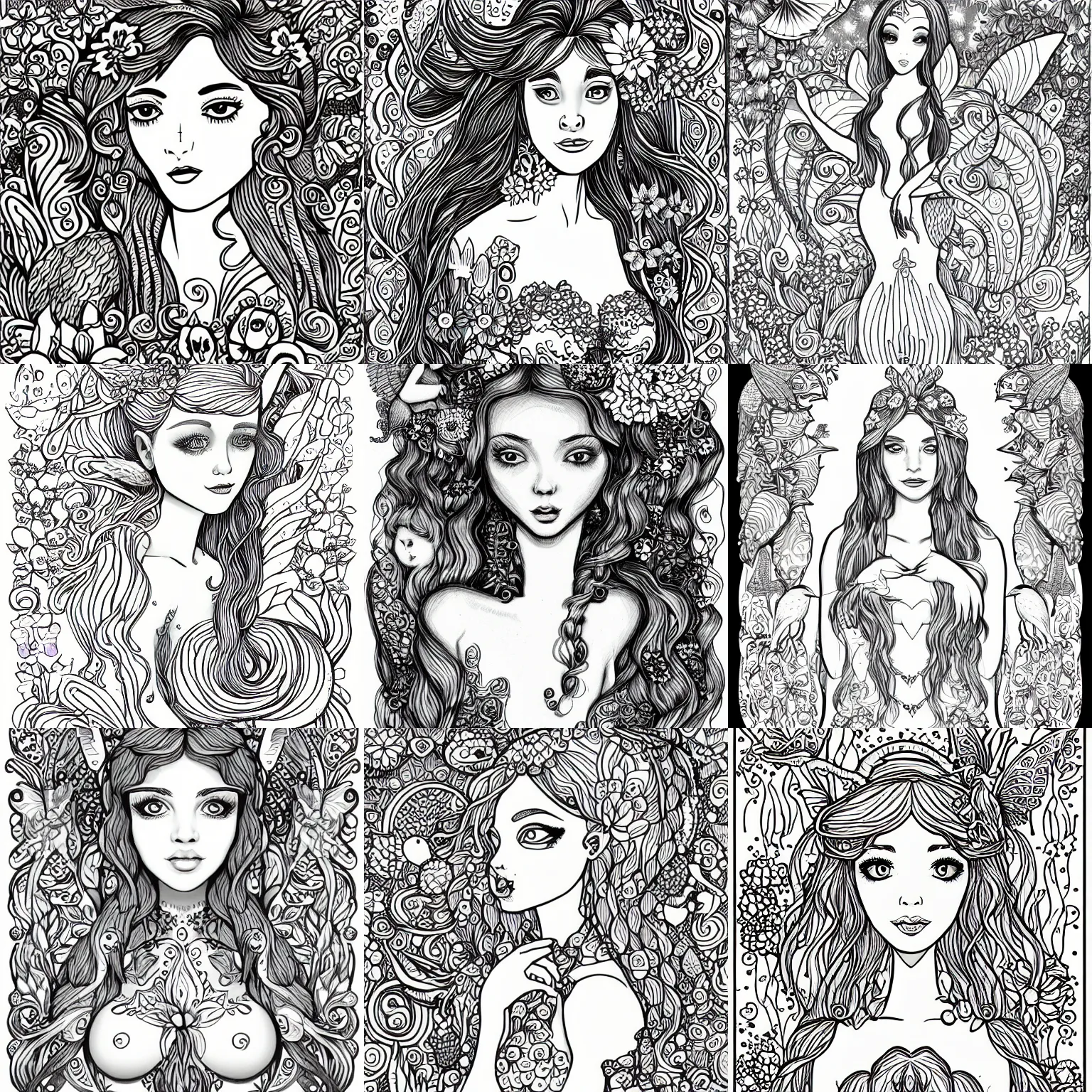 Prompt: illustration of a beautiful fairie, mermaid, female portrait with flowers, whimsical big - eyed character accompanied by animals and birds, light greyscale, colouring - in sheet