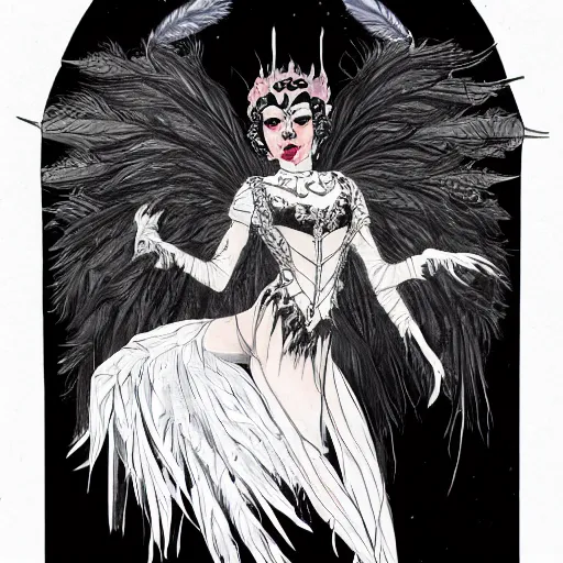 Prompt: Anna Pavlova as dark angel feathered gothic atompunk evil Disney villain queen with black feather hair, feathers growing out of skin, in front of space station window, Mike mignola, david mack, highly detailed, trending on artstation, comic book cover, illustration