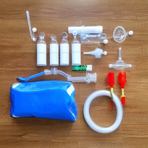 Image similar to musical instrument made out of clear tubing, syringes, urine collection bag, iv pole, fluid bag, nebulizer equipment