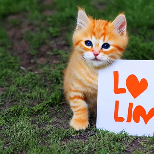 Image similar to cute fluffy orange tabby kitten with a sign that says