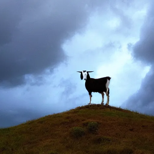 Image similar to a goat standing on a storm cloud