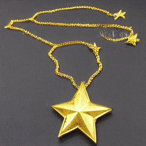 Prompt: Sailor Moon Crystal Star Prop Replica. Item Number: BA93818 High quality gold design and delicate stones which represent each of the Sailor Scouts are also carefully set in red, yellow, blue, and green surrounding the golden crescent moon in the center.