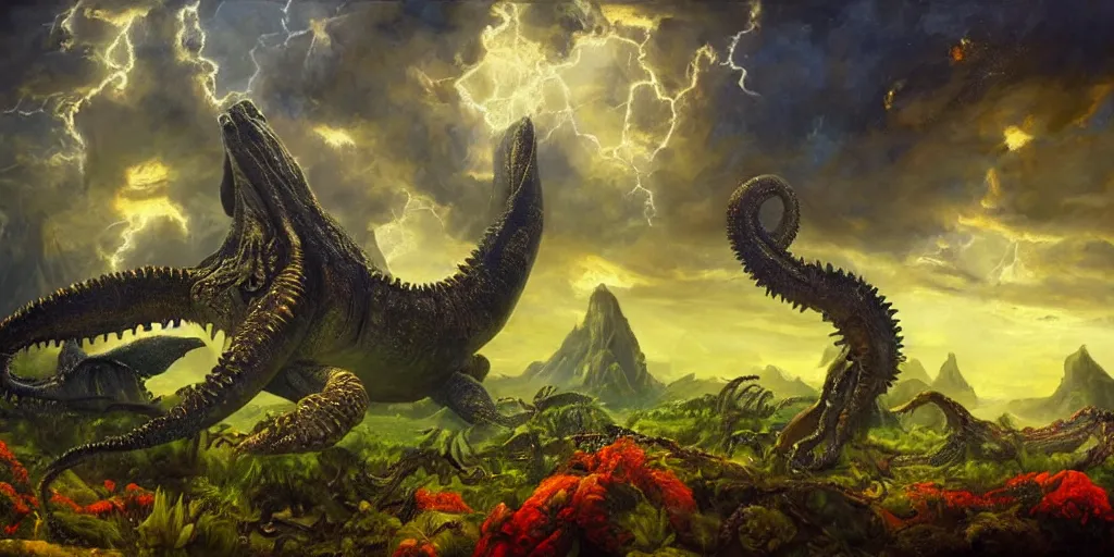 Image similar to fantasy oil painting, great leviathan, cybernetic turtle cephalopod terrapin reptilian pachyderm squid, bella hadid, hybrid, milla jovovich, anubis, epic natural light, lush plants flowers, spectacular mountains, bright clouds, luminous sky, outer worlds, golden hour, michael cheval, edward hopper, michael whelan, vray, hd