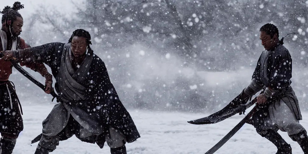 Prompt: a film still of a black man starring in a japanese blockbuster film as ancient samurai, having an intense sword fight in the snow, shallow depth of field, cinematic, award winning cgi, vfx, film still