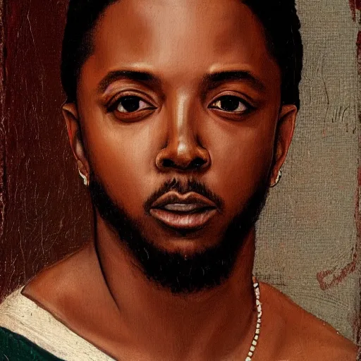 Image similar to a renaissance style portrait painting of kendrick lamar