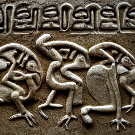 Image similar to ancient hieroglyphic relief of a group of frogs, 40mm lens, shallow depth of field, split lighting