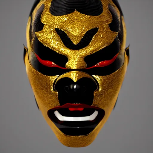 Image similar to a black hannya (般若) mask, kintsugi, dramatic angle, ornate, details, smooth, sharp focus, illustration, realistic, cinematic, artstation, award winning, rgb , unreal engine, octane render, cinematic light, macro, depth of field, blur, red light, 8K,