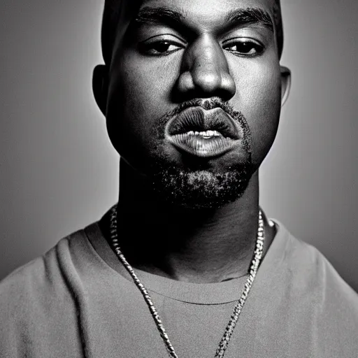 Image similar to the face of young kanye west wearing yeezy clothing at 1 9 years old, black and white portrait by julia cameron, chiaroscuro lighting, shallow depth of field, 8 0 mm, f 1. 8