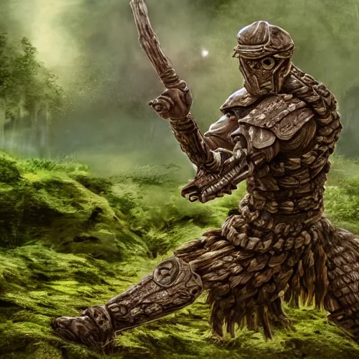 Image similar to warrior with surface of tree - bark, wearing stone wood vines armor, holding laser rifle, battlefield, highly detailed, dramatic lighting, cinematic, sci - fi, hyperrealistic, detailed