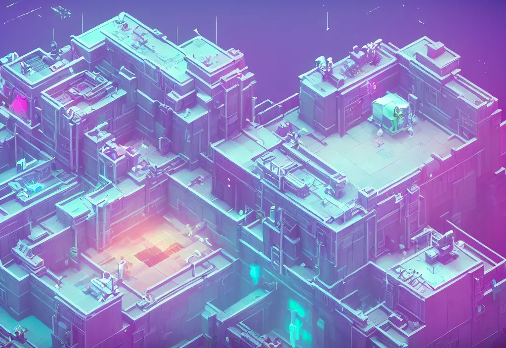 Image similar to hospital isometric magicavoxel bloodborne no mans sky, vaporwave, cinematic lighting, 4 k