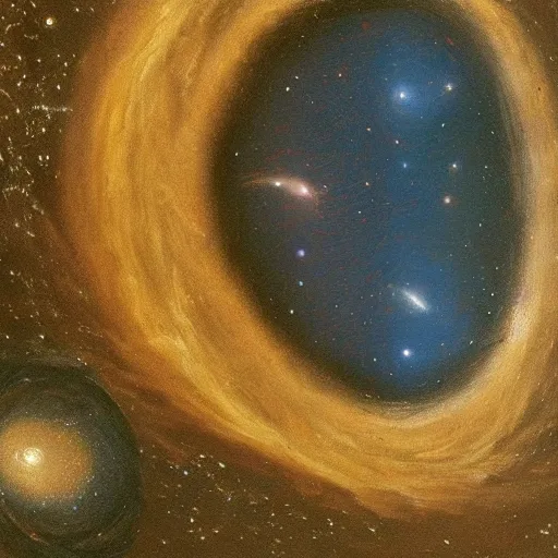 Image similar to a painting by Leonardo Da Vinci of two galaxies colliding