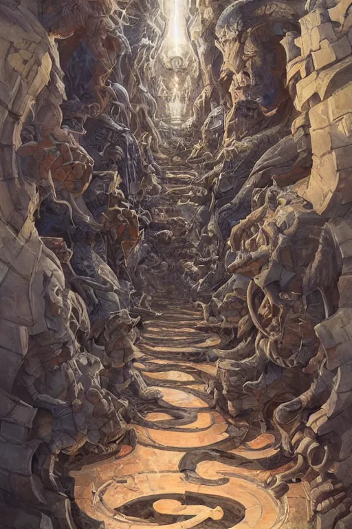 Prompt: one way perspective labyrinth with gargoyles spell scroll art by artgerm and greg rutkowski and Craig Mullins, James Jean, Andrey Ryabovichev, Mark Simonetti and Peter Morbacher 16k
