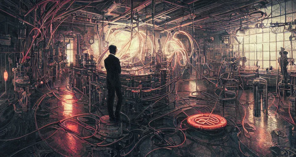 Image similar to nikolai tesla in his lab, electrical arcs, neon glow, highly detailed, digital art, intricate, dramatic lighting, steampunk, neon colors, cinematic, art by artgerm, greg rutkowski, beksinski