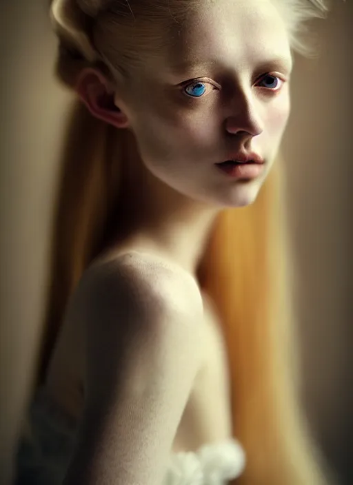 Prompt: portrait photography of a beautiful woman how Degas beauty type in style of Paolo Roversi, britt marling style 3/4 , natural color skin, hyper realistic eyes, long blond hair with intricate ornamental hairstyle, a beautiful ethereal transparent dress, 8K, soft focus, melanchonic soft light, volumetric lighting, highly detailed Realistic, Refined, Highly Detailed, natural sunset outdoor lighting, soft pastel lighting colors scheme, soft blur outdoor lighting, fine art fashion photography