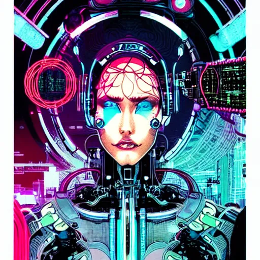 Prompt: a portrait of a beautiful cybernetic woman connected to a synthesizer from hell, wires, cyberpunk concept art by josan gonzales and philippe druillet and dan mumford and enki bilal and jean claude meziere