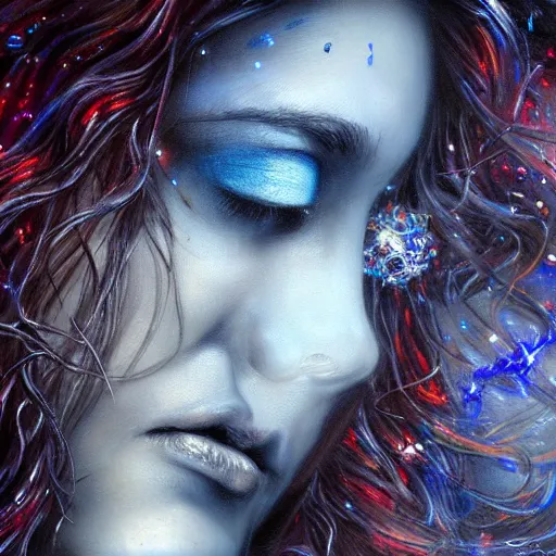 Image similar to masterpiece goddess of sorrow, realistic portrait, 3 0 years woman, melancholic face, long hair, digital painting by louis royo and julie bell, dark tenebrous blue background, cinematic light, aura effect, some chaotic sparkles, unreal engine, artstation, deviantart, pinterest, darker, more contrast