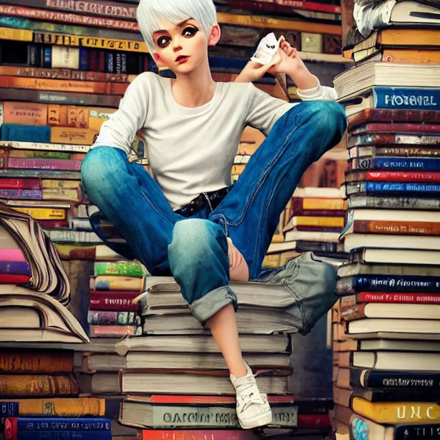 Image similar to full body pose, beautiful adult book fairy, pixar, short white hair shaved sides, dirty, grungy, grunge, long sleeve, painted overalls, stacks of giant books, highly detailed, 4 k, hdr, smooth, sharp focus, high resolution, award - winning photo, artgerm, photorealistic