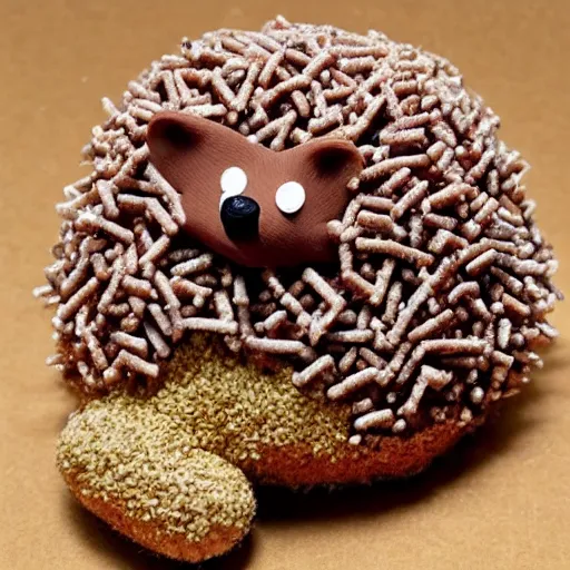 Image similar to A hedgehog made out of ground beef and pretzel sticks.