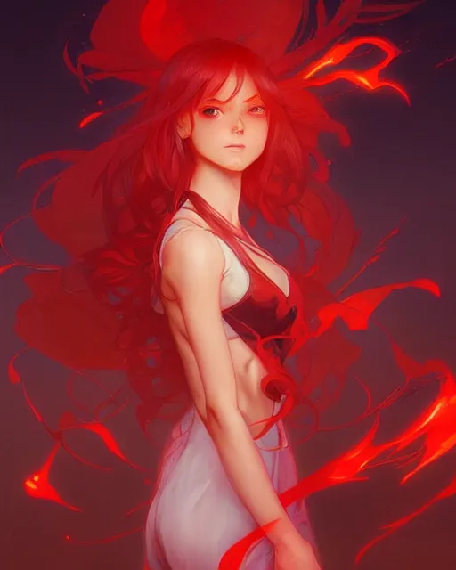 Image similar to beautiful anime girl, lake, red, flames everywhere, highly detailed, digital painting, artstation, concept art, smooth, sharp focus, illustration, art by artgerm and greg rutkowski and alphonse mucha