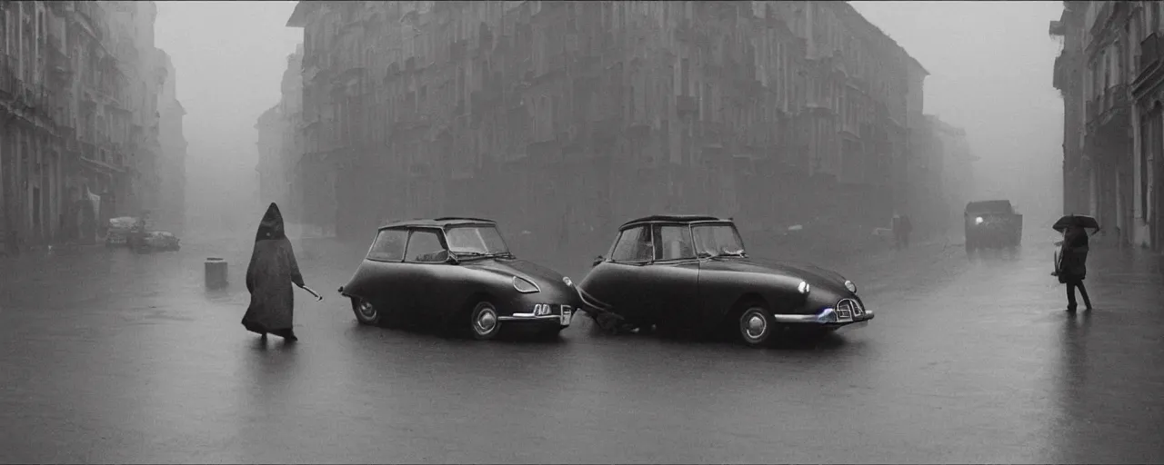 Prompt: A mysterious figure at a black 1955 Citroen DS 19 with the headlights on, smoking a cigarette, parked on the side of the road in the city of Rome while it is raining, by George Tooker, moody, sinister, lighting, hyperrealistic