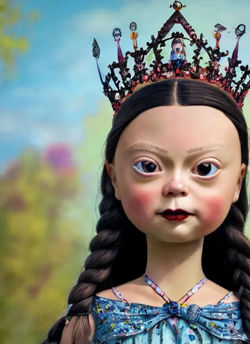 Prompt: closeup face profile portrait of tin toy greta thunberg as a fairytale goth princess wearing a crown eating cakes, bikini, depth of field, zeiss lens, detailed, symmetrical, centered, fashion photoshoot, by nicoletta ceccoli, mark ryden, lostfish, breathtaking, 8 k resolution, extremely detailed, beautiful, establishing shot, artistic, hyperrealistic, octane render