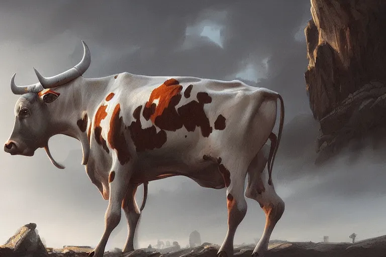 Image similar to cow, highly detailed, digital painting, artstation, concept art, sharp focus, illustration, art by raphael lacoste and greg rutkowski