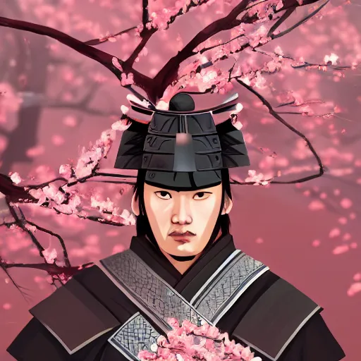 Prompt: A samurai warrior in cherry blossoms, wide angle, symmetrical, digital painting, sharp focus, sword, intense stare, fantasy, character design, game art, artstation, pixiv, 3D, by Ekaterina Savic and Barret Frymire