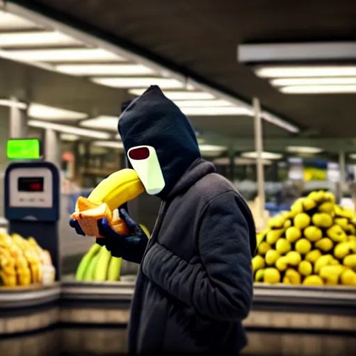 Prompt: a masked man at a self checkout stealing a banana, trending on artstation, depth field, unreal engine, cinematic, hyper realism, high detail, octane cinema 4 d render, a 2 4 cinematography, 8 k