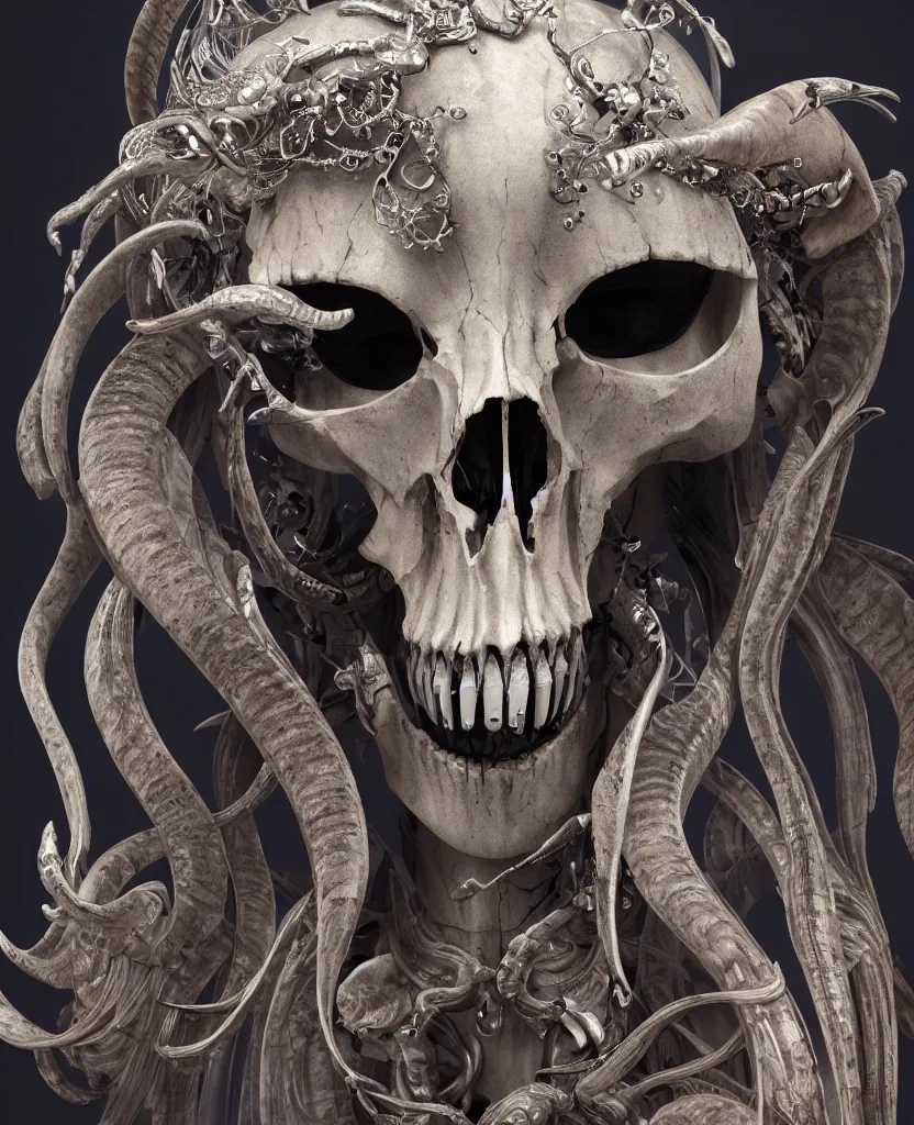 Image similar to close-up macro portrait of the face of a beautiful princess with ram animal skull mask, epic angle and pose, ribcage skeleton symmetrical artwork, 3d with depth of field, blurred background, cybernetic jellyfish female face phoenix bird, translucent, nautilus, energy flows of water and fire. a highly detailed epic cinematic concept art CG render. made in Maya, Blender and Photoshop, octane render, excellent composition, cinematic dystopian brutalist atmosphere, dynamic dramatic cinematic lighting, aesthetic, very inspirational, arthouse. y Greg Rutkowski, Ilya Kuvshinov, WLOP, Stanley Artgerm Lau, Ruan Jia and Fenghua Zhong