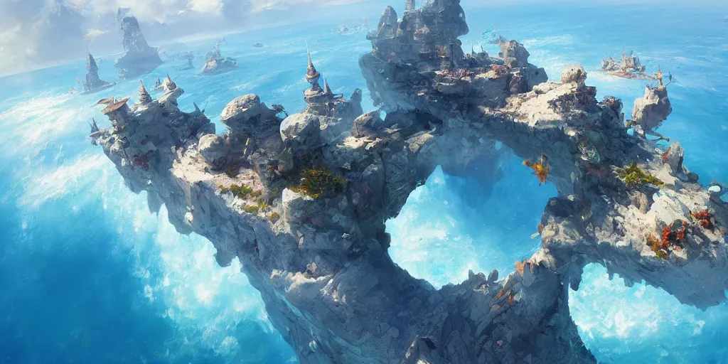 Prompt: Floating fantasy island over a blue ocean, Darek Zabrocki, Karlkka, trending on Artstation, 8K