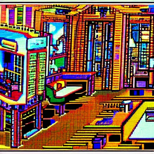 Prompt: this was the first virtual art museum in a video game, made in 1 9 9 0, detailed