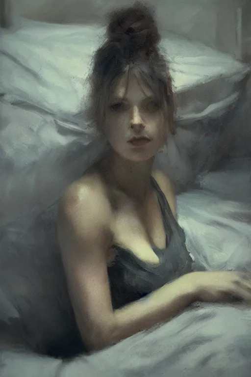 Image similar to detailed cinematic moody colors studio portrait of a lady in bed, high quality by jeremy mann, only one head single portrait