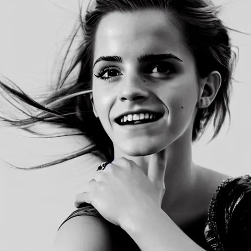 Prompt: Emma Watson closeup of face shoulders and very long hair hair grinning grinning teeth Vogue fashion shoot by Peter Lindbergh fashion poses detailed professional studio lighting dramatic shadows professional photograph by Cecil Beaton, Lee Miller, Irving Penn, David Bailey, Corinne Day, Patrick Demarchelier, Nick Knight, Herb Ritts, Mario Testino, Tim Walker, Bruce Weber, Edward Steichen, Albert Watson