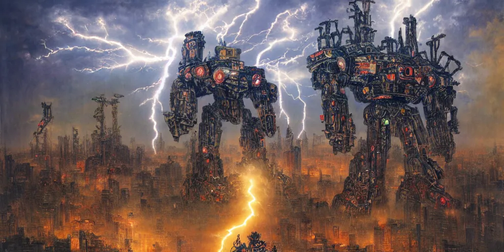 Prompt: Giant War Robot in the middle of Tokyo in style of Gustave Moreau. Symbolism, Detailed Art, 8K, Epic, Dynamic Lightning.