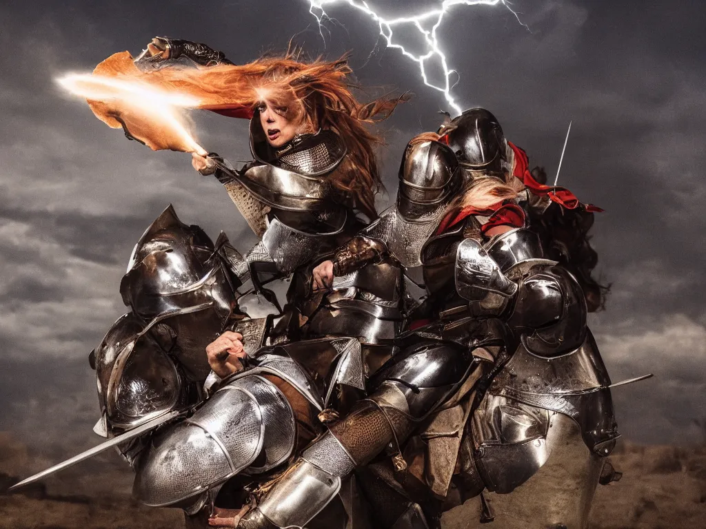 Prompt: A medieval knight fighting with a lady who stole his hamburger, 50 mm lens photo portrait, intricate, cinematic lightning, epic battle, epic composition