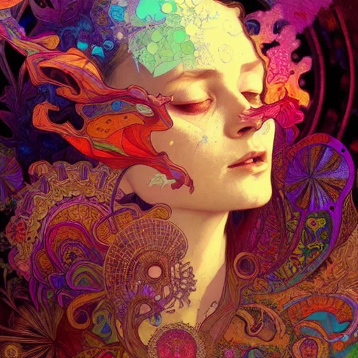 Image similar to An extremely colorful psychedelic experience, reality bending, magic mushrooms, psilocybin, LSD, face, detailed, intricate, elegant, highly detailed, digital painting, artstation, concept art, smooth, sharp focus, illustration, art by Krenz Cushart and Artem Demura and alphonse mucha