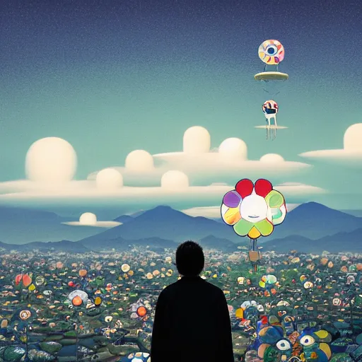 Image similar to a man walking on clouds away from the camera above kyoto by takashi murakami, beeple and james jean, aya takano color style, 4 k, super detailed, modern, 4 k, symmetrical