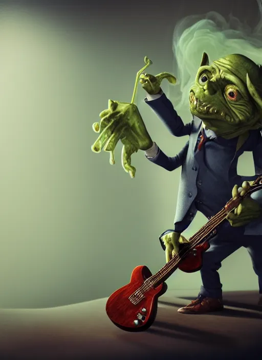 Prompt: a cute sharply dressed goblin playing the blues on an old guitar, in the style of boris valejo and terry gilliam, fantastic, dramatic lighting, smoke, mist, forest, hyperrealistic, photorealistic, accurate, detailed, octane render