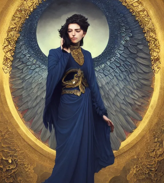 Prompt: god of death, young male, crystal cave background, elegant dark blue dress, very detailed, throne, very intricate details, jewelry, gold eyeshadow, elaborate long black hairstyle, wings, cinematic, artstation, william bouguereau, alphonse mucha, greg rutkowski, rossdraws, octane render