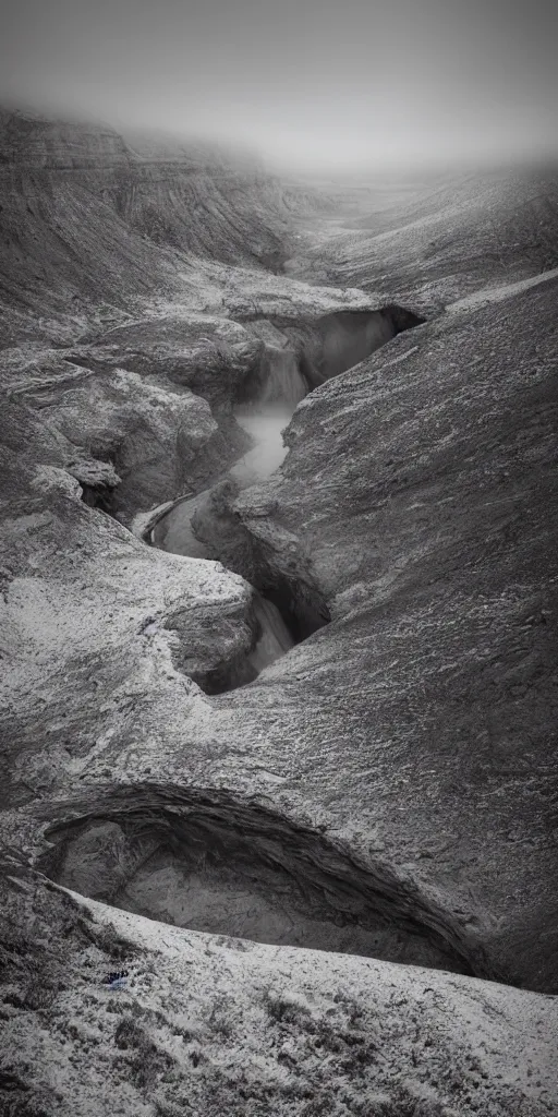 Image similar to dream looking through a hyper realistic photograph of a ice covered canyon, minimal structure, futureistm landscape, misty, icelandic valley, small stream over black rock, timed exposure, in the style of reuben wu, roger deakins