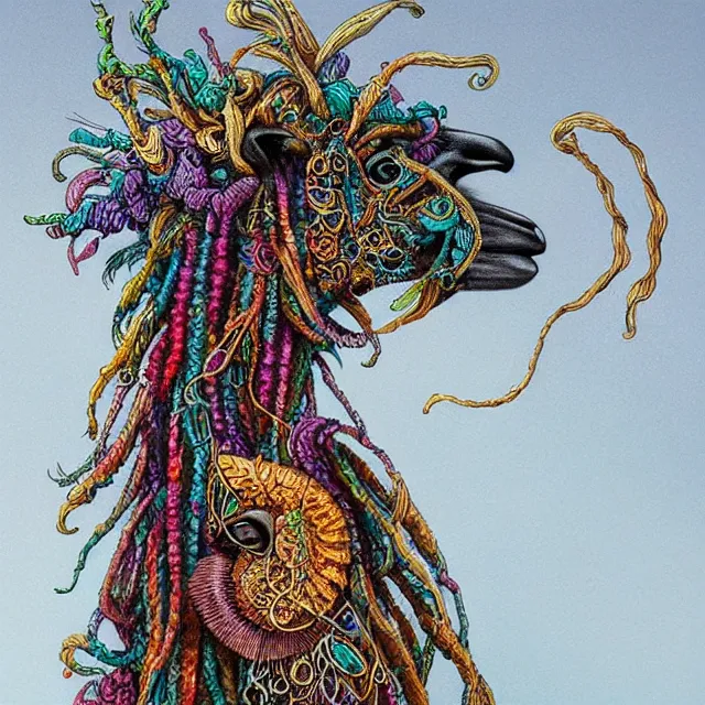 Image similar to llama with dreadlocks, colorful, detailed by ernst haeckel, artgerm, james jean