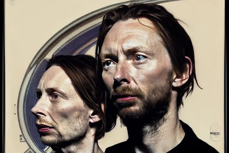 Prompt: hyper realistic portrait of thom yorke tilda swildon, bigger forehead, bigger chin, from the side, by lee bermejo, alphonse mucha and greg rutkowski